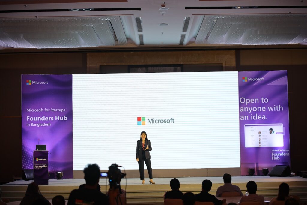 Photo 1 Sook Hoon Cheah General Manager Microsoft Southeast Asia New Markets delivering the keynote during the Founders Hub launch in Bangladesh.