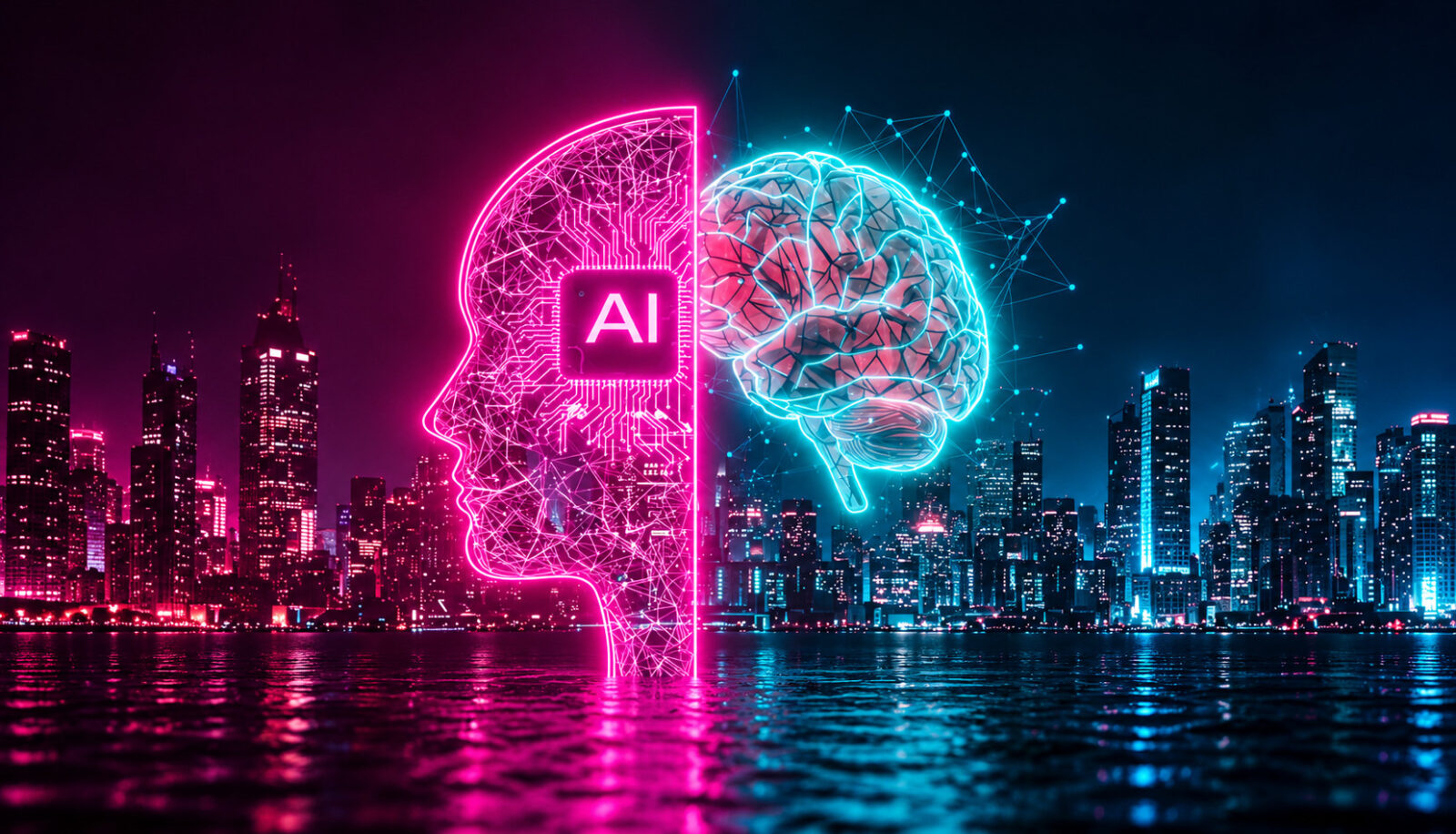 Neon AI Brain Over Cyberpunk Cityscape