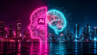 Neon AI Brain Over Cyberpunk Cityscape