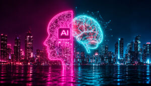 Neon AI Brain Over Cyberpunk Cityscape