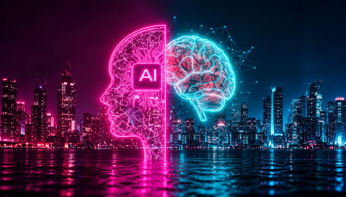 Neon AI Brain Over Cyberpunk Cityscape